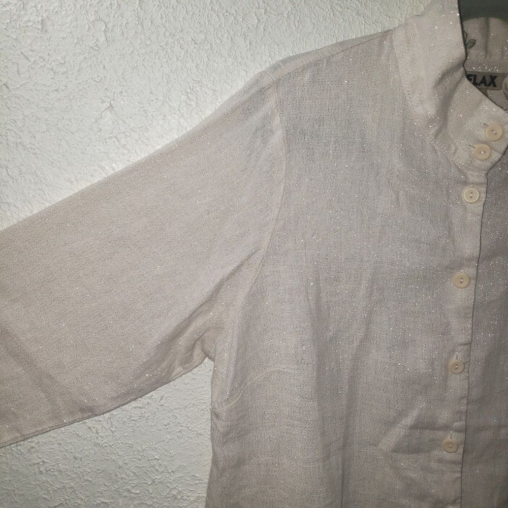NWT Flax Linen Sparkly Button Front Shirt Sz S Oversized Womens Ivory Beige Top - Picture 3 of 9